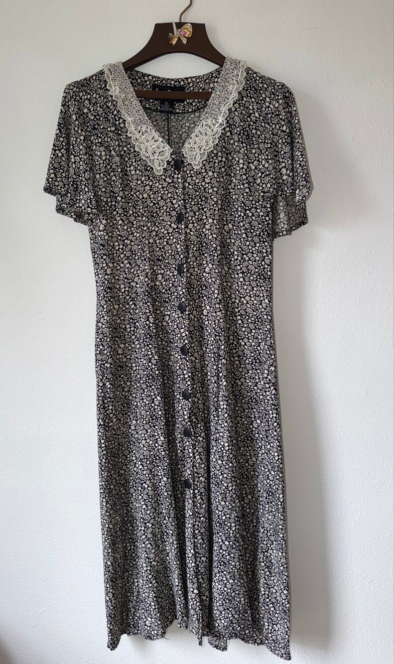 Vintage Jamie Brooke Black White Floral Lace Collar Button Up Dress Cottagecore